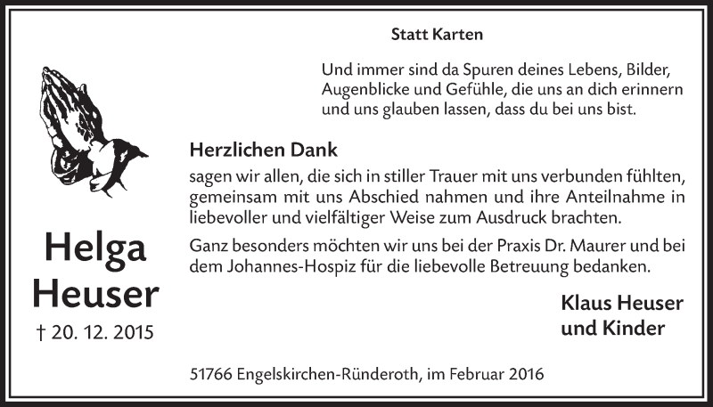  Traueranzeige für Helga Heuser vom 03.02.2016 aus  Anzeigen Echo 