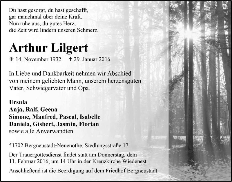  Traueranzeige für Arthur Lilgert vom 03.02.2016 aus  Anzeigen Echo 