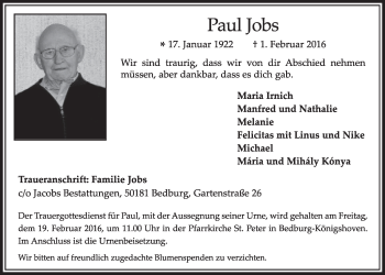 Anzeige von Paul Jobs von  Sonntags-Post 