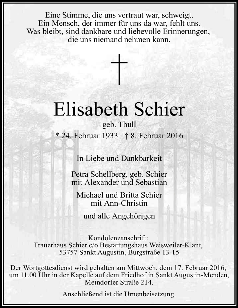  Traueranzeige für Elisabeth Schier vom 13.02.2016 aus Kölner Stadt-Anzeiger / Kölnische Rundschau / Express