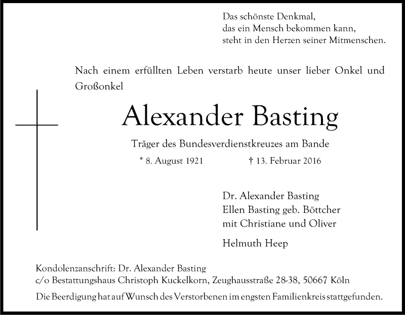  Traueranzeige für Alexander Basting vom 24.02.2016 aus Kölner Stadt-Anzeiger / Kölnische Rundschau / Express