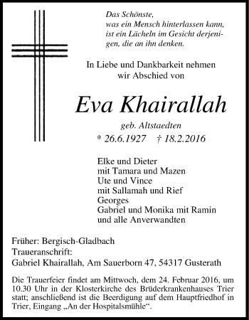 Anzeige von Eva Khairallah von Kölner Stadt-Anzeiger / Kölnische Rundschau / Express