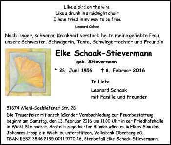 Anzeige von Elke Schaak-Stievermann von Kölner Stadt-Anzeiger / Kölnische Rundschau / Express