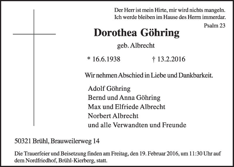  Traueranzeige für Dorothea Göhring vom 17.02.2016 aus  Schlossbote/Werbekurier 