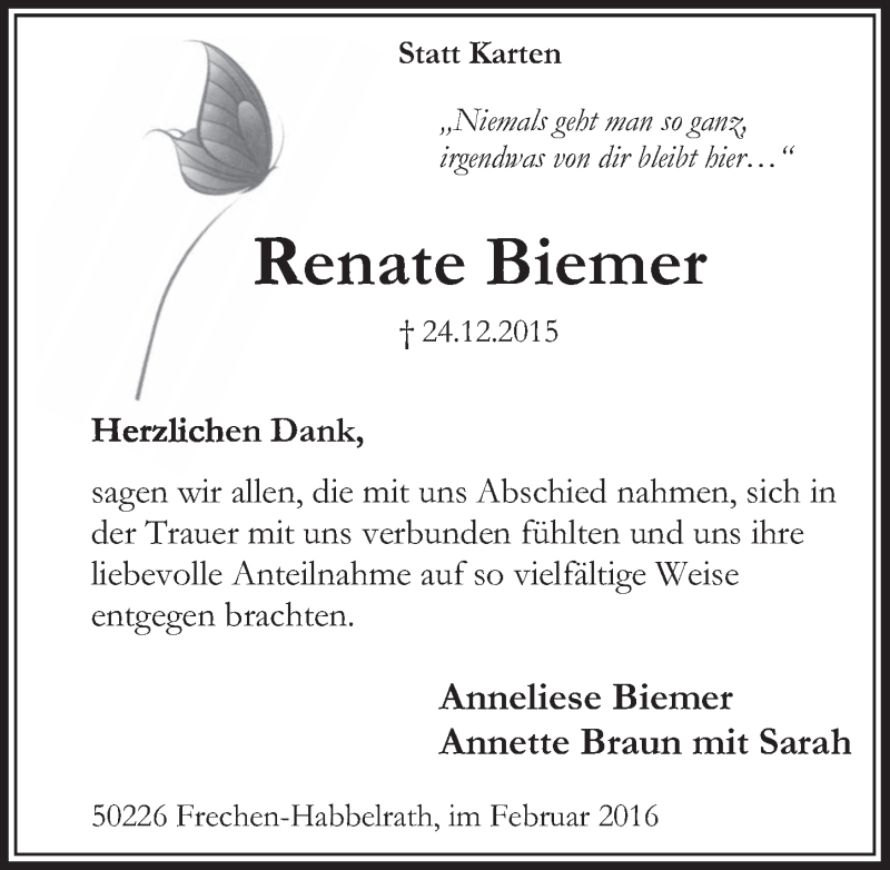  Traueranzeige für Renate Biemer vom 13.02.2016 aus  Sonntags-Post 
