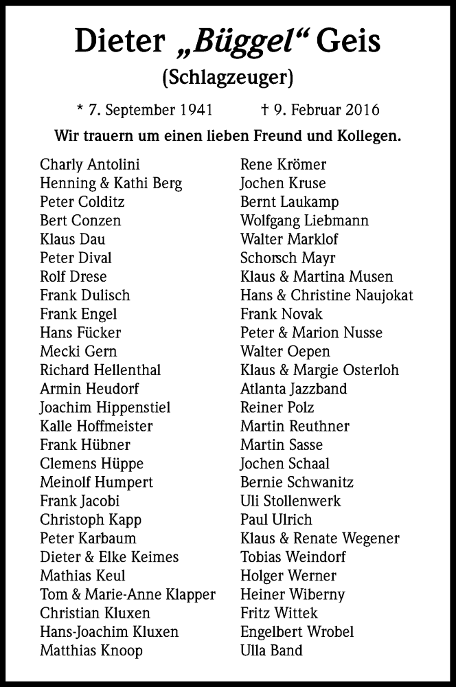  Traueranzeige für Dieter Geis vom 20.02.2016 aus Kölner Stadt-Anzeiger / Kölnische Rundschau / Express