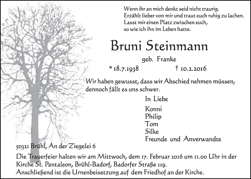  Traueranzeige für Brunni Steinmann vom 17.02.2016 aus  Schlossbote/Werbekurier 