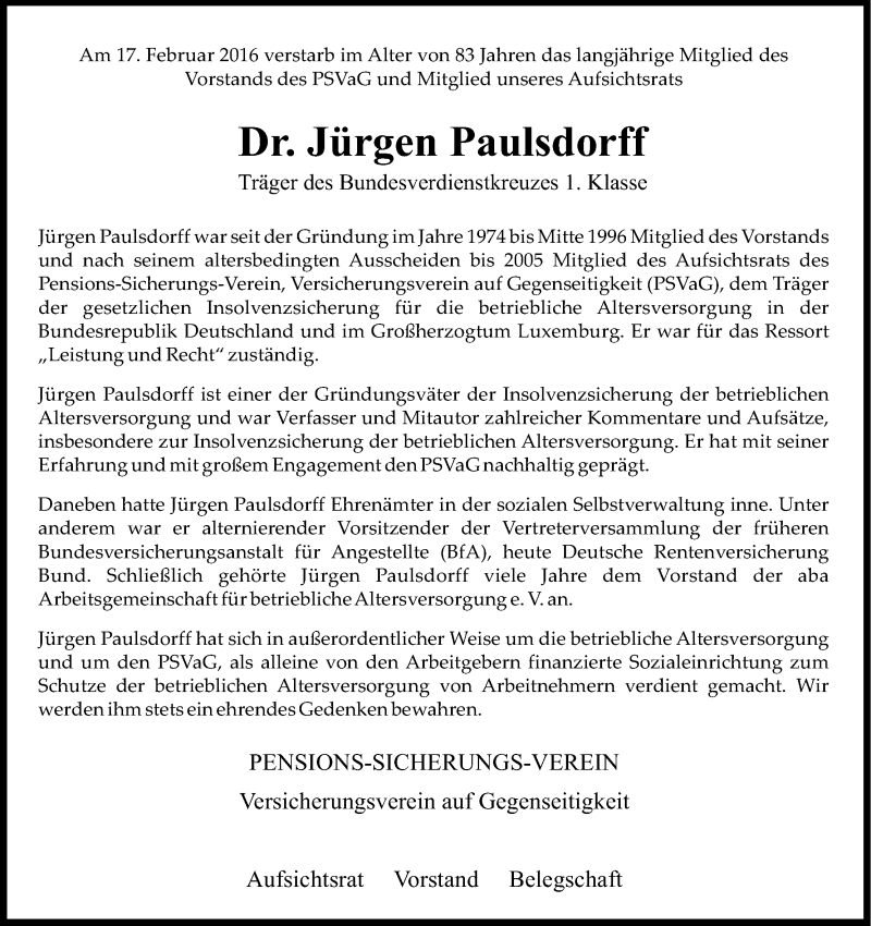  Traueranzeige für Jürgen Paulsdorff vom 27.02.2016 aus Kölner Stadt-Anzeiger / Kölnische Rundschau / Express