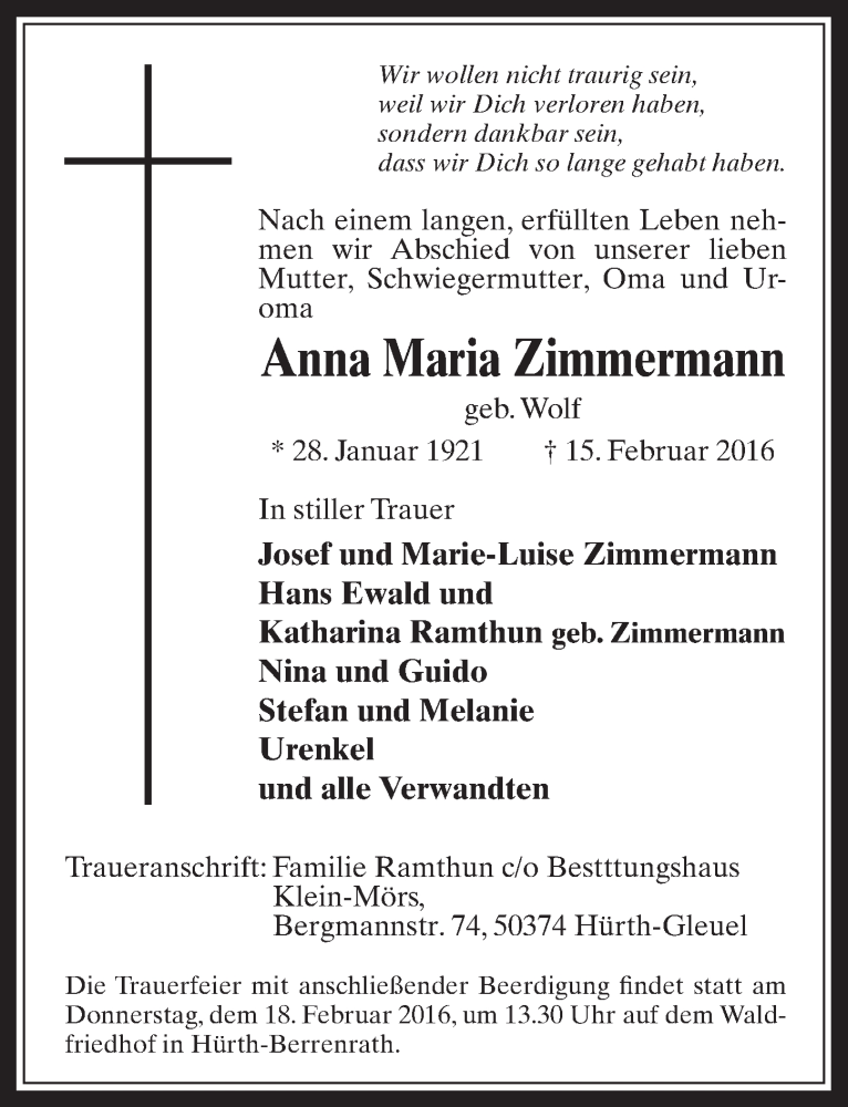  Traueranzeige für Anna Maria Zimmermann vom 17.02.2016 aus  Wochenende 