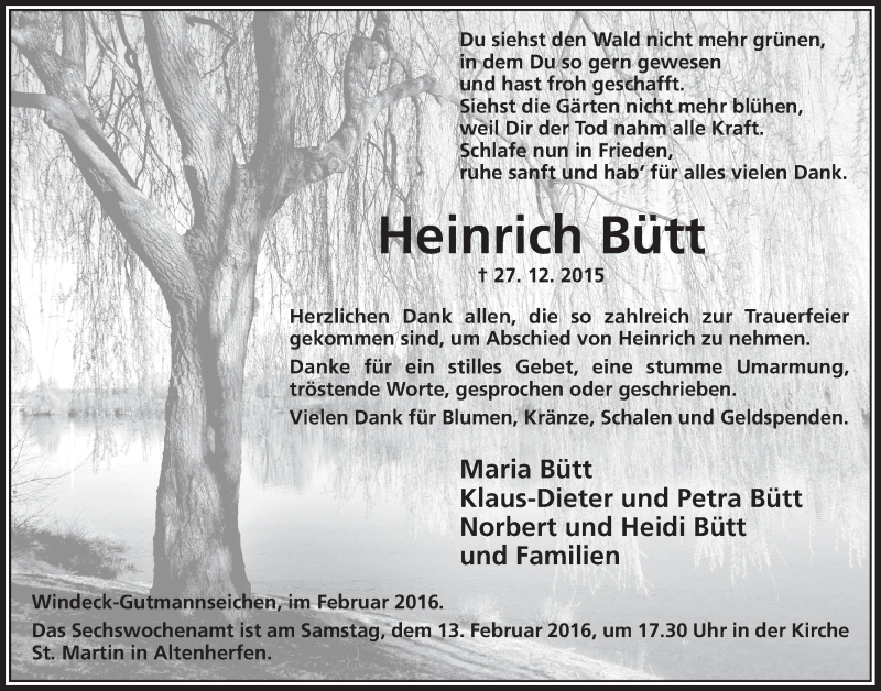  Traueranzeige für Heinrich Bütt vom 03.02.2016 aus  Lokalanzeiger 