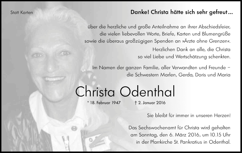  Traueranzeige für Christa Odenthal vom 27.02.2016 aus Kölner Stadt-Anzeiger / Kölnische Rundschau / Express