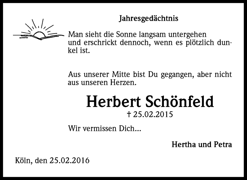  Traueranzeige für Herbert Schönfeld vom 25.02.2016 aus Kölner Stadt-Anzeiger / Kölnische Rundschau / Express