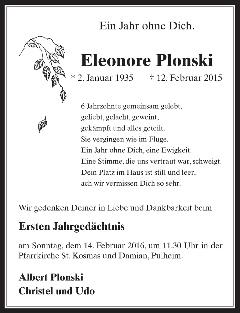  Traueranzeige für Eleonore Plonski vom 10.02.2016 aus  Wochenende 