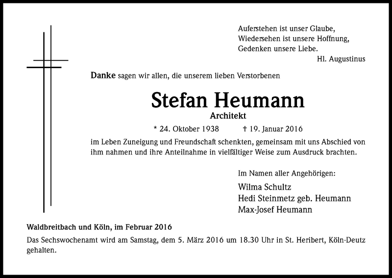  Traueranzeige für Stefan Heumann vom 27.02.2016 aus Kölner Stadt-Anzeiger / Kölnische Rundschau / Express