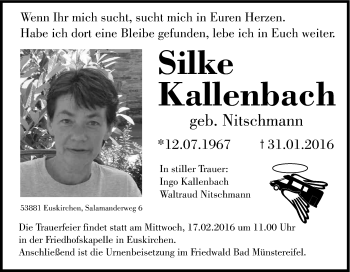 Anzeige von Silke Kallenbach von Kölner Stadt-Anzeiger / Kölnische Rundschau / Express