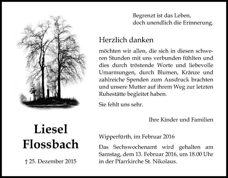  Traueranzeige für Liesel Flossbach vom 06.02.2016 aus Kölner Stadt-Anzeiger / Kölnische Rundschau / Express