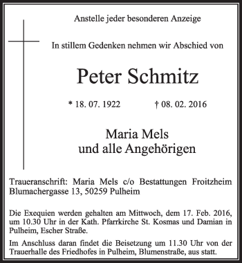 Anzeige von Peter Schmitz von  Sonntags-Post 