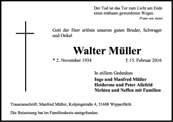 Anzeige von Walter Müller von Kölner Stadt-Anzeiger / Kölnische Rundschau / Express
