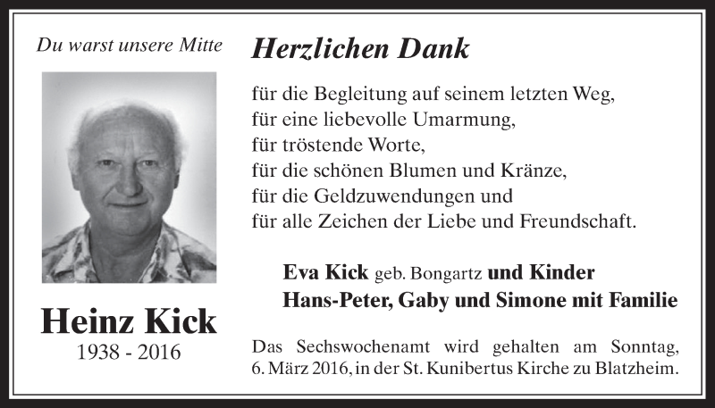  Traueranzeige für Heinz Kick vom 10.02.2016 aus  Werbepost 