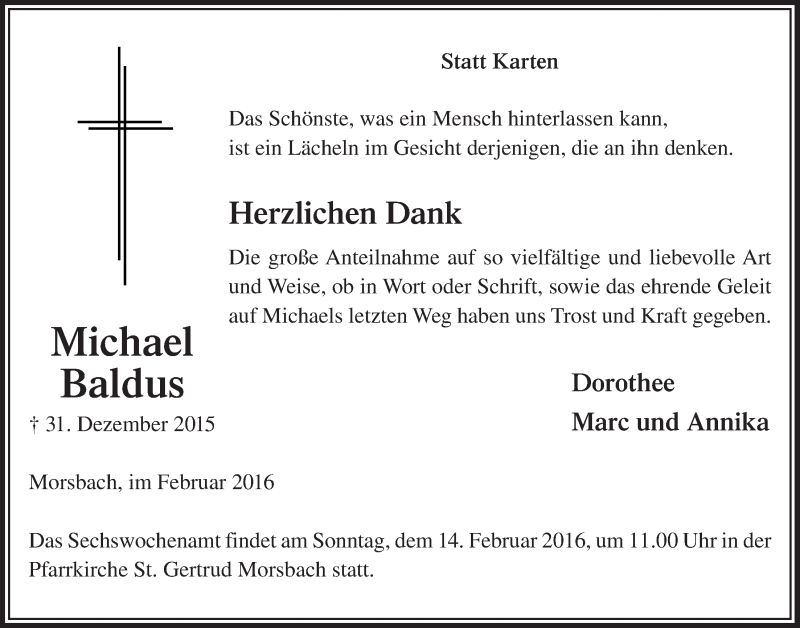  Traueranzeige für Michael Baldus vom 10.02.2016 aus  Lokalanzeiger 