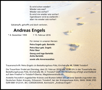 Anzeige von Andreas Engels von Kölner Stadt-Anzeiger / Kölnische Rundschau / Express