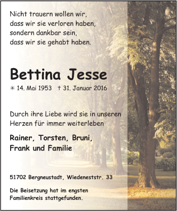 Anzeige von Bettina Jesse von  Anzeigen Echo 