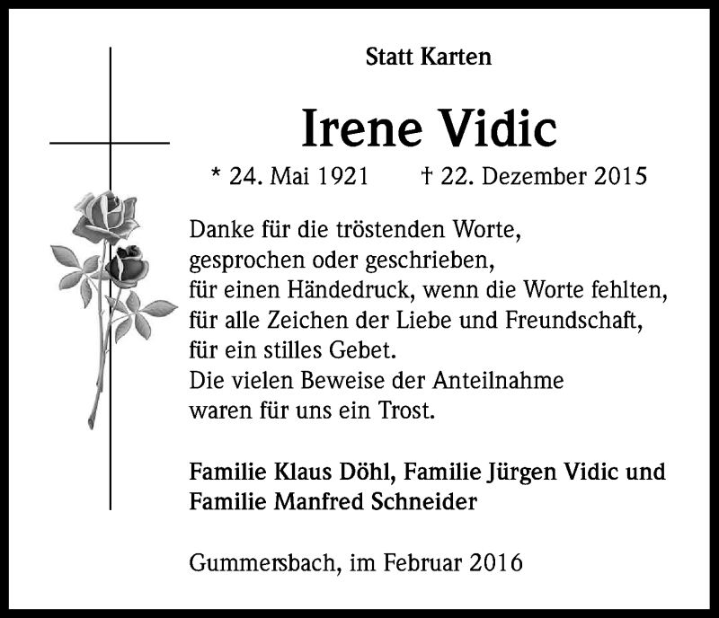  Traueranzeige für Irene Vidic vom 19.02.2016 aus Kölner Stadt-Anzeiger / Kölnische Rundschau / Express