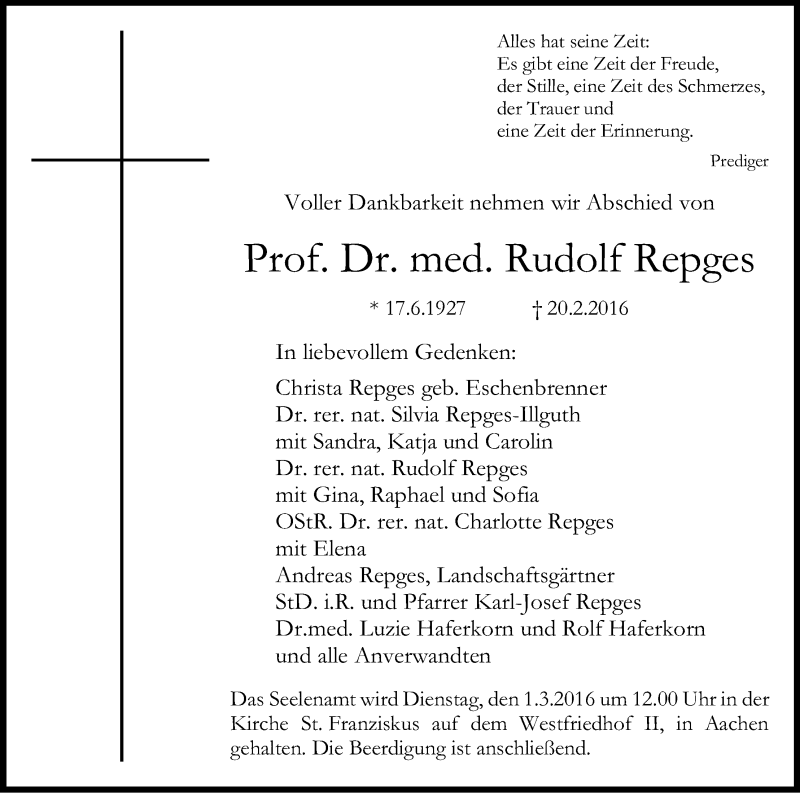  Traueranzeige für Rudolf Repges vom 27.02.2016 aus Kölner Stadt-Anzeiger / Kölnische Rundschau / Express