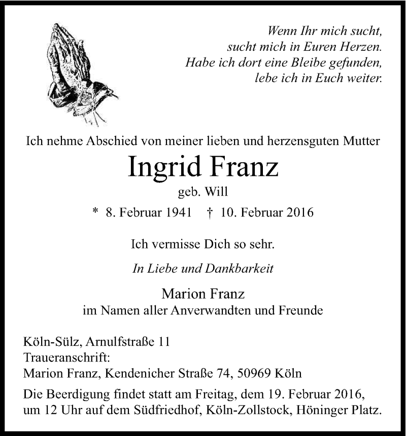  Traueranzeige für Ingrid Franz vom 13.02.2016 aus Kölner Stadt-Anzeiger / Kölnische Rundschau / Express