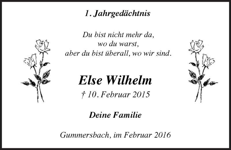  Traueranzeige für Else Wilhelm vom 17.02.2016 aus  Anzeigen Echo 