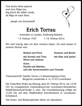 Anzeige von Erich Torrau von Kölner Stadt-Anzeiger / Kölnische Rundschau / Express