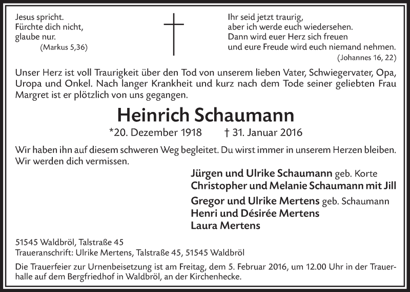  Traueranzeige für Heinrich Schaumann vom 03.02.2016 aus  Lokalanzeiger 