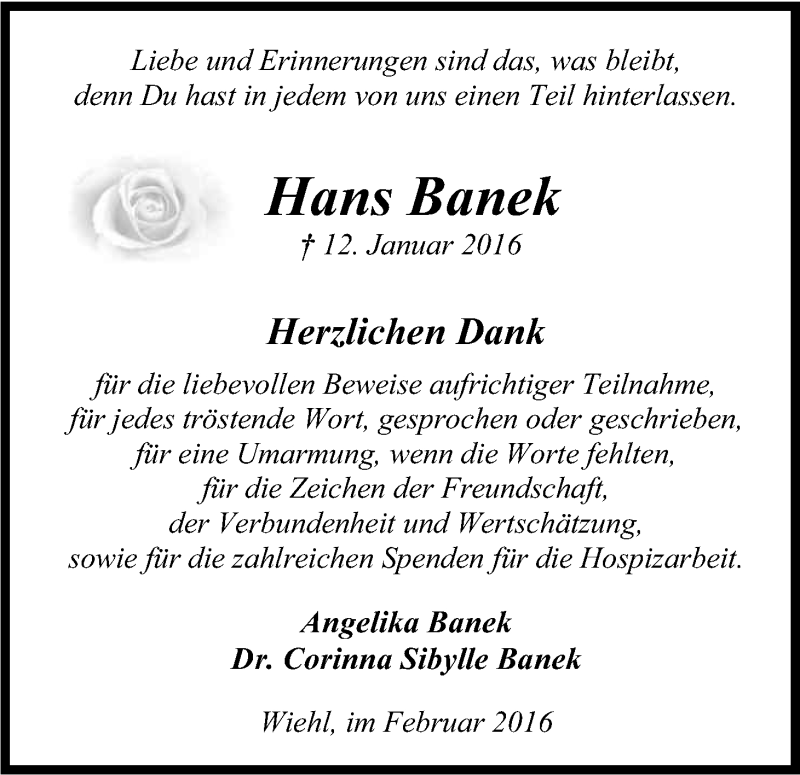  Traueranzeige für Hans Banek vom 27.02.2016 aus Kölner Stadt-Anzeiger / Kölnische Rundschau / Express