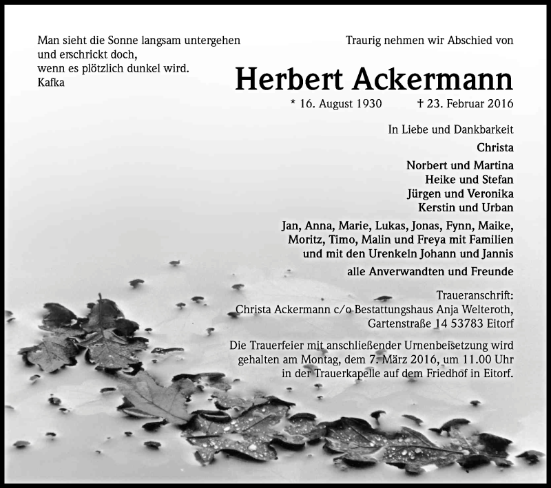  Traueranzeige für Herbert Ackermann vom 27.02.2016 aus Kölner Stadt-Anzeiger / Kölnische Rundschau / Express