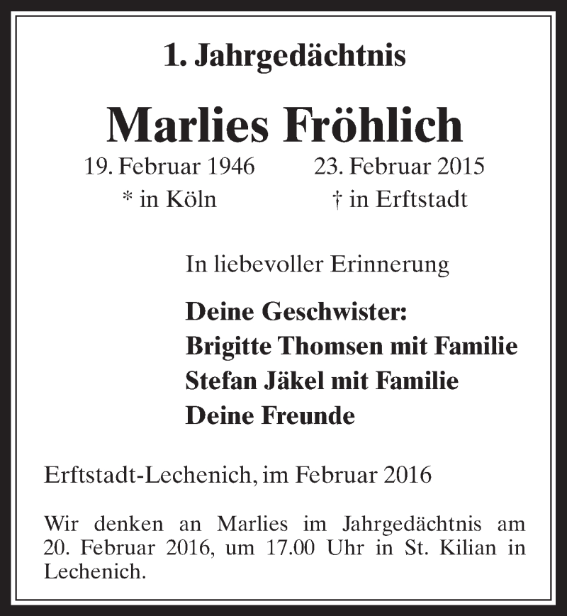  Traueranzeige für Marlies Fröhlich vom 17.02.2016 aus  Werbepost 