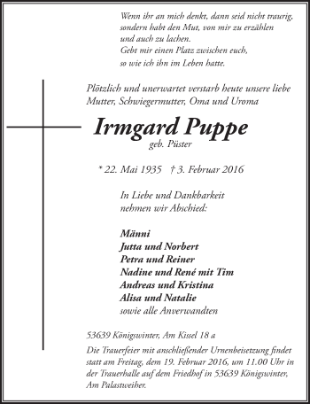Anzeige von Irmgard Puppe von  Rhein-Sieg-Wochenende 