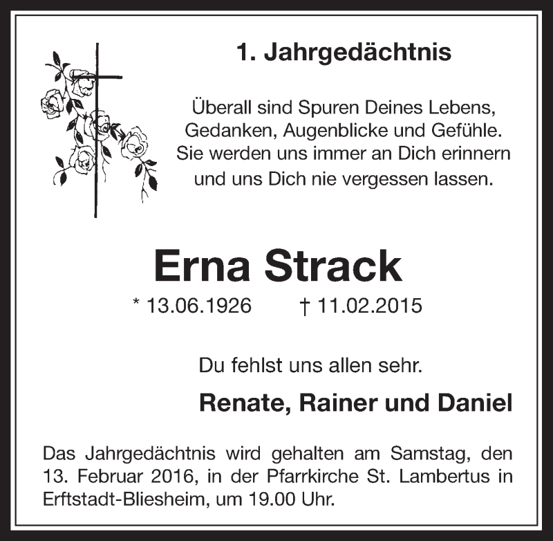  Traueranzeige für Erna Strack vom 10.02.2016 aus  Werbepost 