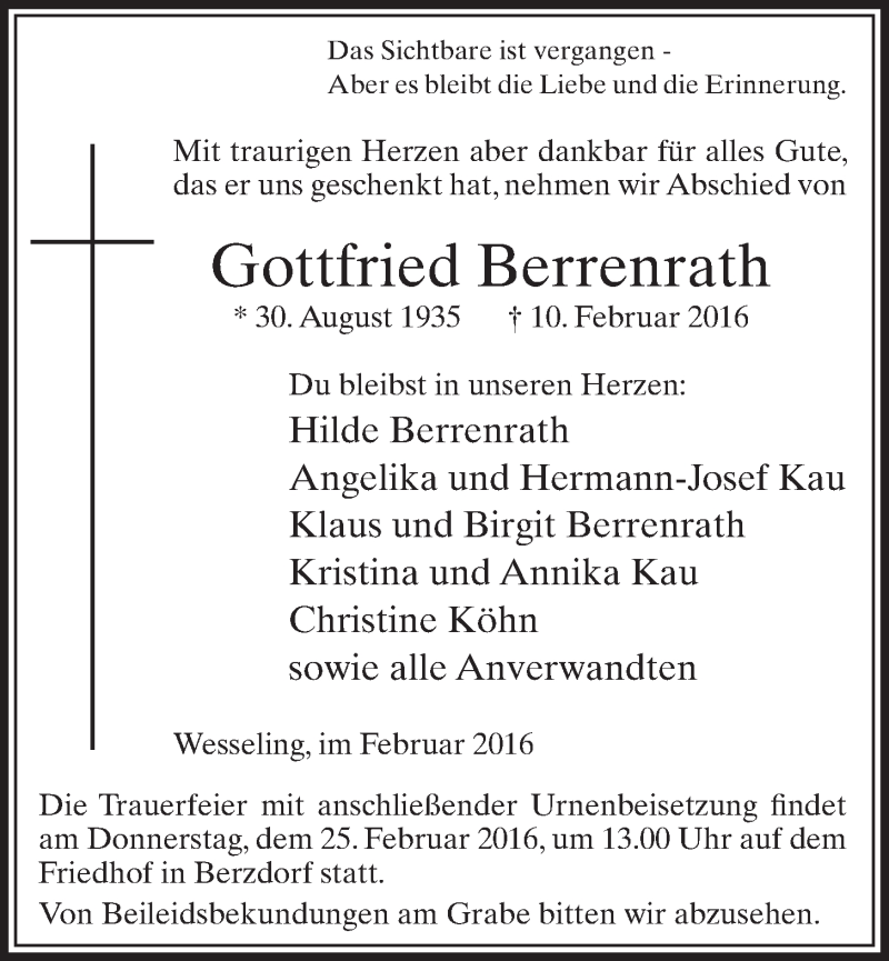  Traueranzeige für Gottfried Berrenrath vom 24.02.2016 aus  Schlossbote/Werbekurier 