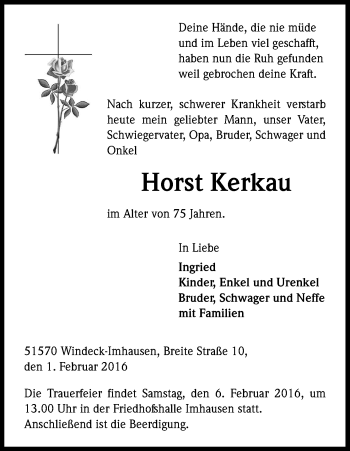 Anzeige von Horst Kerkau von Kölner Stadt-Anzeiger / Kölnische Rundschau / Express