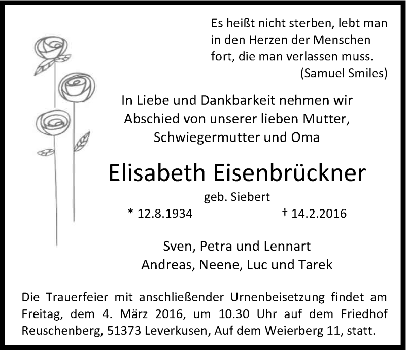  Traueranzeige für Elisabeth Eisenbrückner vom 27.02.2016 aus Kölner Stadt-Anzeiger / Kölnische Rundschau / Express