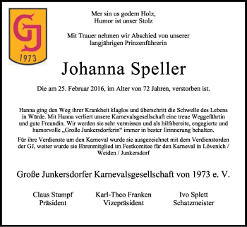 Anzeige von Johanna Speller von Kölner Stadt-Anzeiger / Kölnische Rundschau / Express