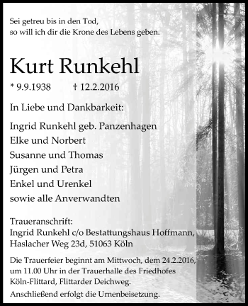 Anzeige von Kurt Runkehl von Kölner Stadt-Anzeiger / Kölnische Rundschau / Express