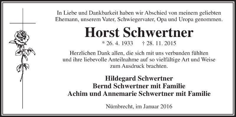  Traueranzeige für Horst Schwertner vom 03.02.2016 aus  Lokalanzeiger 