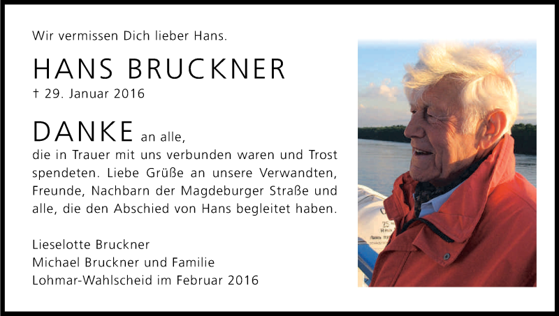  Traueranzeige für Hans Bruckner vom 24.02.2016 aus Kölner Stadt-Anzeiger / Kölnische Rundschau / Express