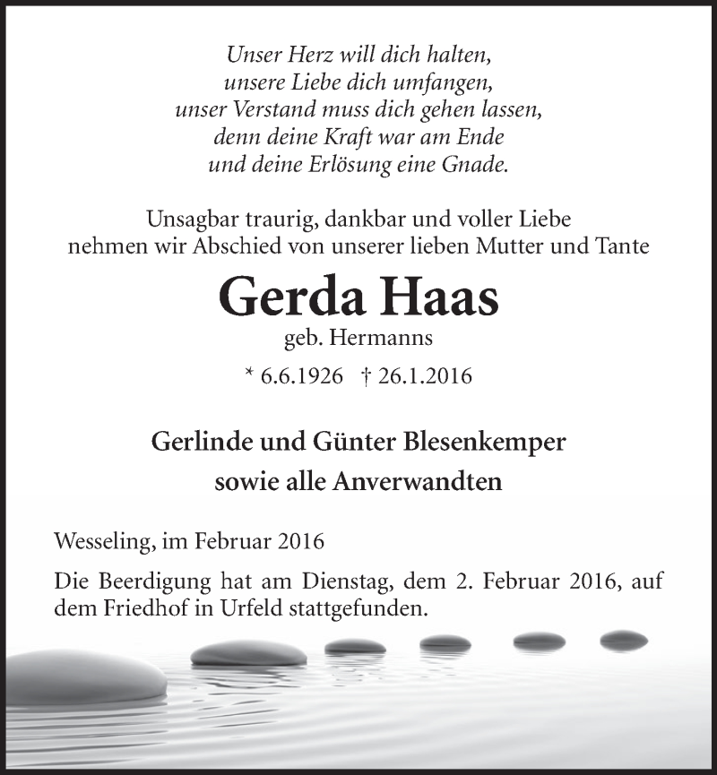  Traueranzeige für Gerda Haas vom 03.02.2016 aus  Schlossbote/Werbekurier 