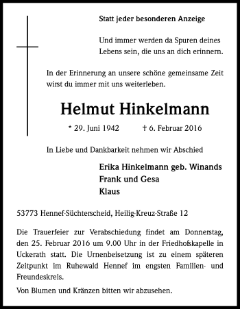 Anzeige von Helmut Hinkelmann von Kölner Stadt-Anzeiger / Kölnische Rundschau / Express