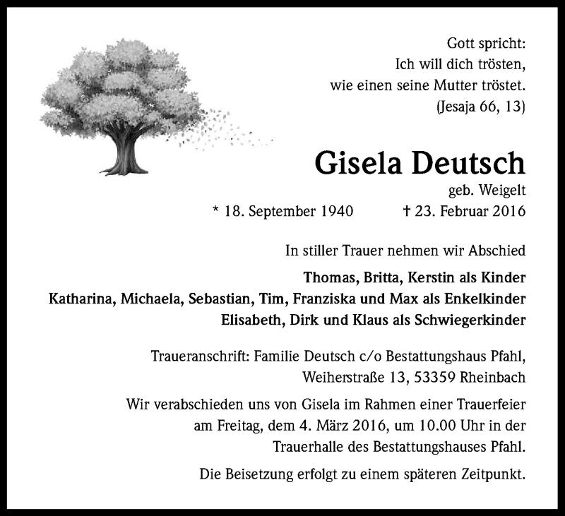  Traueranzeige für Gisela Deutsch vom 27.02.2016 aus Kölner Stadt-Anzeiger / Kölnische Rundschau / Express