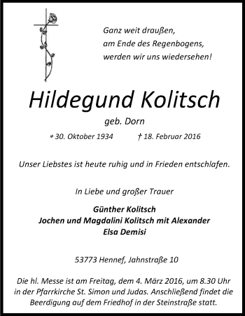 Anzeige von Hildegund Kolitsch von Kölner Stadt-Anzeiger / Kölnische Rundschau / Express