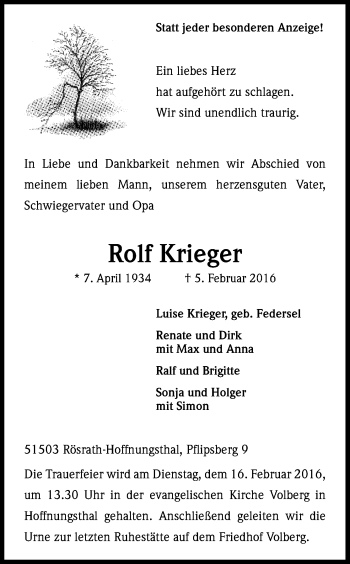 Anzeige von Rolf Krieger von Kölner Stadt-Anzeiger / Kölnische Rundschau / Express