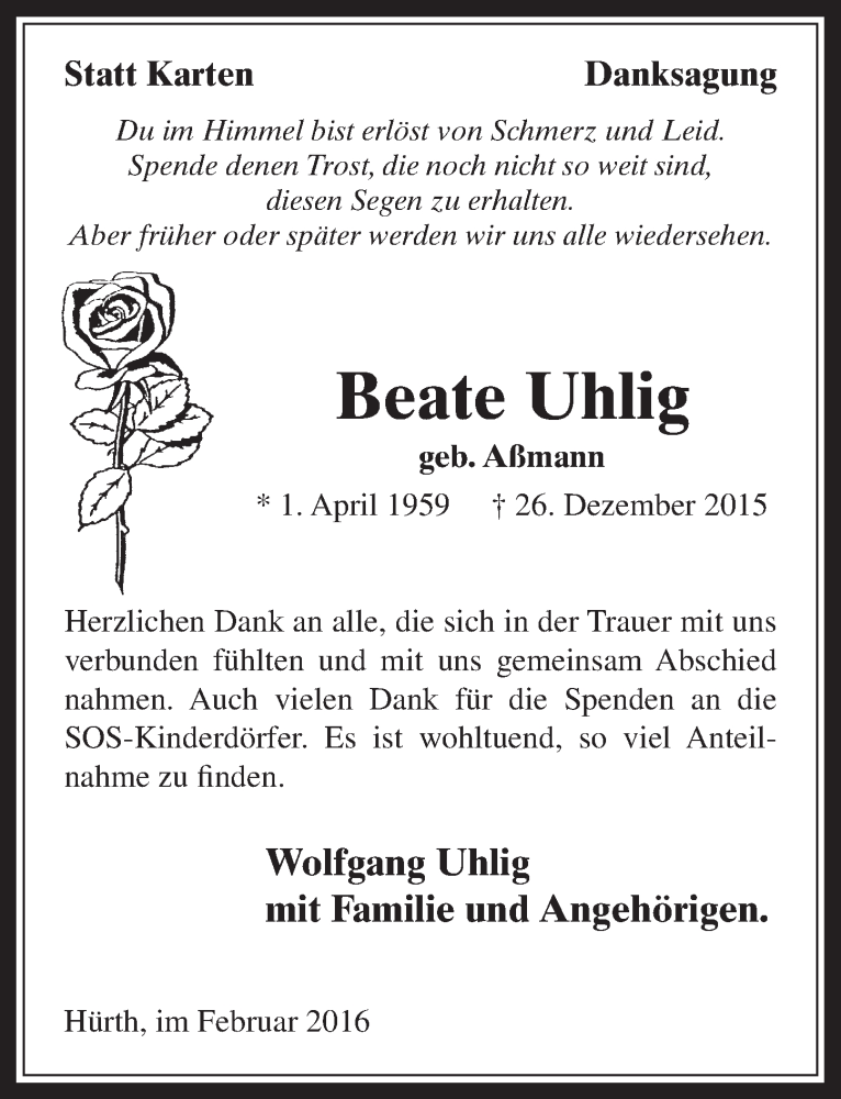  Traueranzeige für Beate Uhlig vom 24.02.2016 aus  Wochenende 